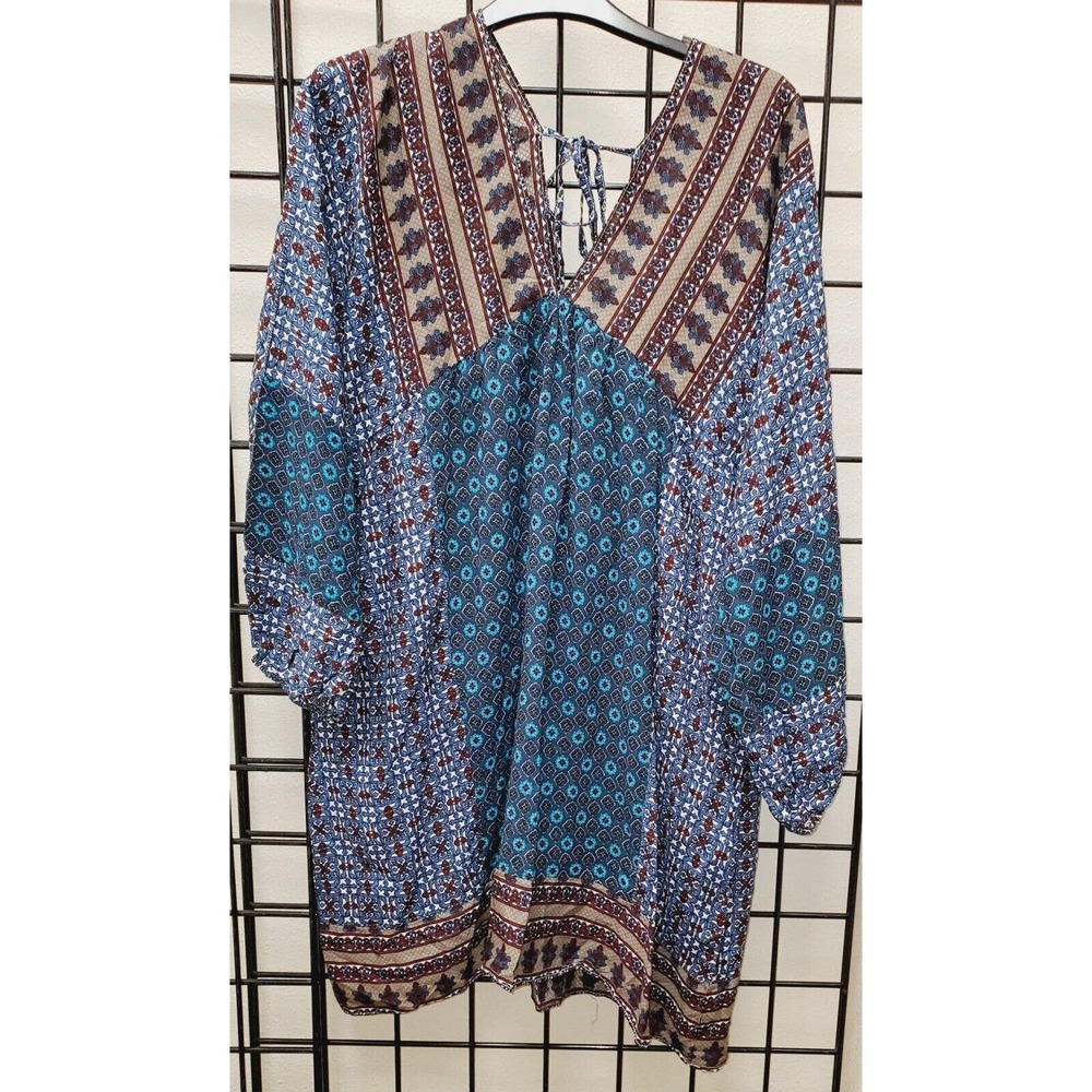 Umgee Womens Deep V-Neck 3/4 Sleeve Short Dress - Blue Brown Mix, Medium NEW